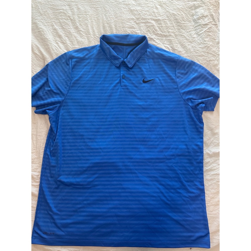 Nike Dri-FIT Mens XXL Blue Striped Short Sleeve Golf Polo Shirt Athletic Top